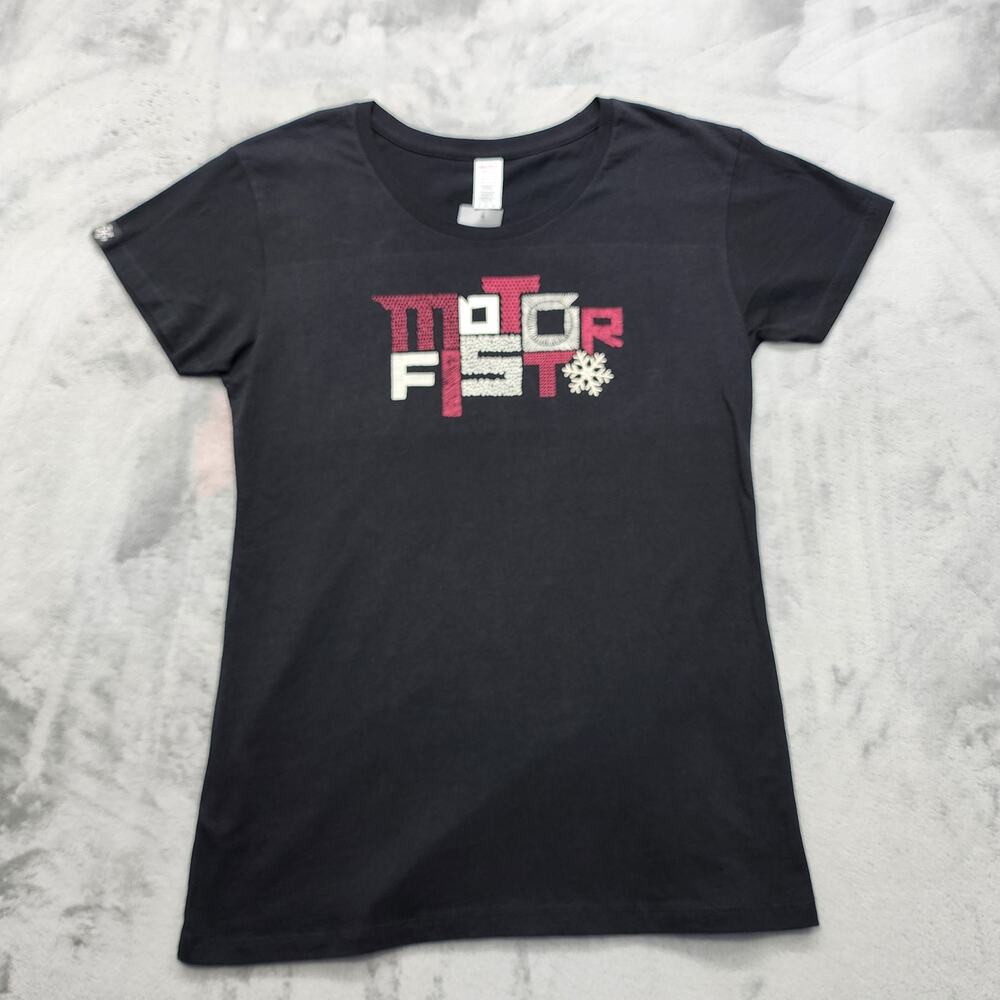 NEW Motorfist Top Women XL Black Pink Fitted Scoop Neck Graphic Tee Snowboarding